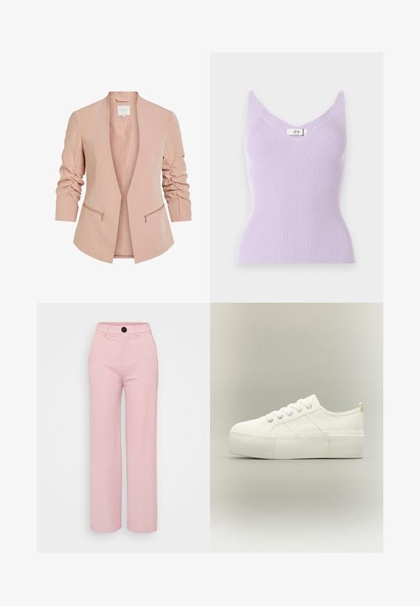 Helles rosa Blazer mit langen Ärmeln, das mit Raffungselementen und goldfarbenen Reißverschlusstaschen versehen ist. Offenes Frontdesign, aus einem glatten Stoff gefertigt.; Lila gerippte ärmellose Bluse mit V-Ausschnitt und figurbetonter Passform. Das Material wirkt weich und hat vertikale Texturdetails. Markenlabel sichtbar.; Helle rosa weite Hose mit glatter Textur, ausgestattet mit einem schwarzen Knopf und einem klassischen Taillendesign. Keine zusätzlichen Taschen sichtbar.; Weißer Plateau-Sneaker mit dicker, texturierter Sohle, Schnürung vorne und dezenten Steppdetails auf neutralem Hintergrund.