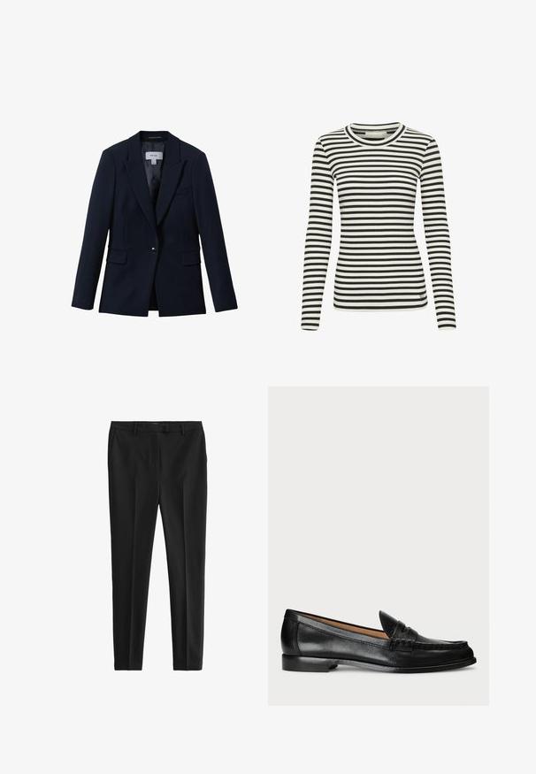 Reiss GABI TAILORED SINGLE BREASTED - Blejzer - navy; Čierno-biely pruhovaný dlhý rukáv s rebrovanou textúrou a okrúhlym výstrihom. Na dolnej časti prednej strany sa nachádza malé logo.; Čierne nohavice z hladkej tkaniny, s priliehavým strihom, prednými skladmi a pútkami na opasok, so bočnými a zadnými vreckami.; Lauren Ralph Lauren WYNNIE - Našuchovačky - black
