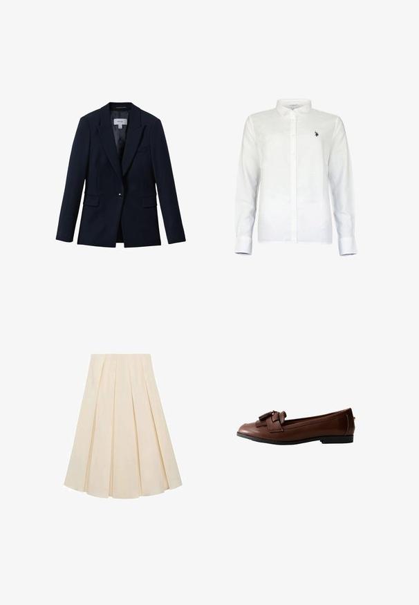 Reiss GABI TAILORED SINGLE BREASTED - Blazer - navy; Wit overhemd met lange mouwen, knoopsluiting, kraag en een klein zwart geborduurd polospelerlogo op de linkerborst.; Plisseerok van crèmekleurige stof; heeft een zachte textuur, een middellange ontwerp en symmetrische plooien die zich uitstrekken van de tailleband tot de zoom.; Bruine leren loafer met een platte zool, gedetailleerd met een strik en kwastaccent aan de voorkant, met een gladde textuur en een slank ontwerp.