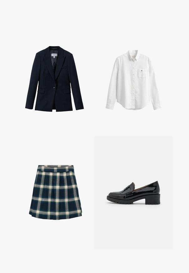 Reiss GABI TAILORED SINGLE BREASTED - Blazer - navy; Hvid langærmet skjorte med knapper, krave og brystlomme med lille broderet logo på ensfarvet baggrund.; Skotsk nederdel i marineblå, grøn og krem; plisseret design med en glat talje, lavet af et stof der ser blødt og struktureret ud.; Sorte patenterede lædersko med en lav, chunky hæl, der har en frontrem detail og en tekstureret gummisål for godt greb.