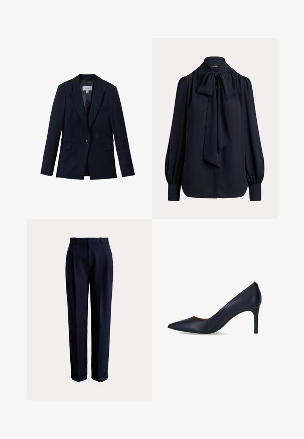 Reiss GABI TAILORED SINGLE BREASTED - Blazer - navy; Marineblå bluse med lange ærmer, høj halsudskæring og stor sløjfe bundet foran, med opsamlede manchetter og løs pasform.; Mørkeblå skræddersyede bukser med lige ben, forstærkninger foran, bæltestropper og omslag ved benenden på en ensartet lys baggrund.; Mørkeblå højhælede pumps lavet af glat læder, med spidse tæer og en slank hæl. Enkelt design uden yderligere udsmykning.
