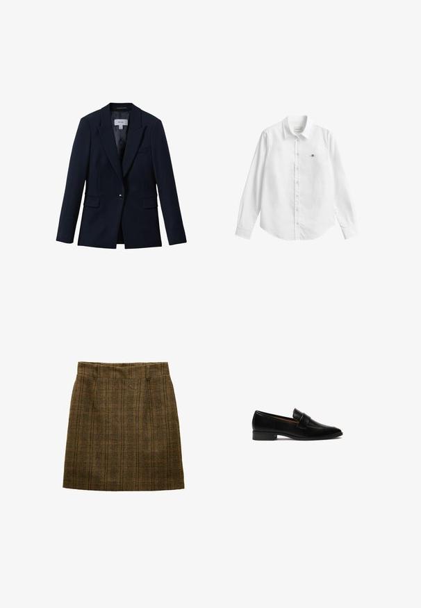 Reiss GABI TAILORED SINGLE BREASTED - Blazer - navy; Camisa blanca de manga larga con botones, confeccionada en tela con una ligera textura. Cuenta con un bolsillo frontal con un pequeño logo bordado y un cuello clásico.; Falda de lana a cuadros marrón con trabillas para cinturón, corte recto y pliegues sutiles en la parte delantera, diseñada para llevar hasta la altura de la rodilla.; Mocasines de cuero negro con un tacón plano, que presentan una correa rectangular en el empeine y una superficie lisa y pulida.