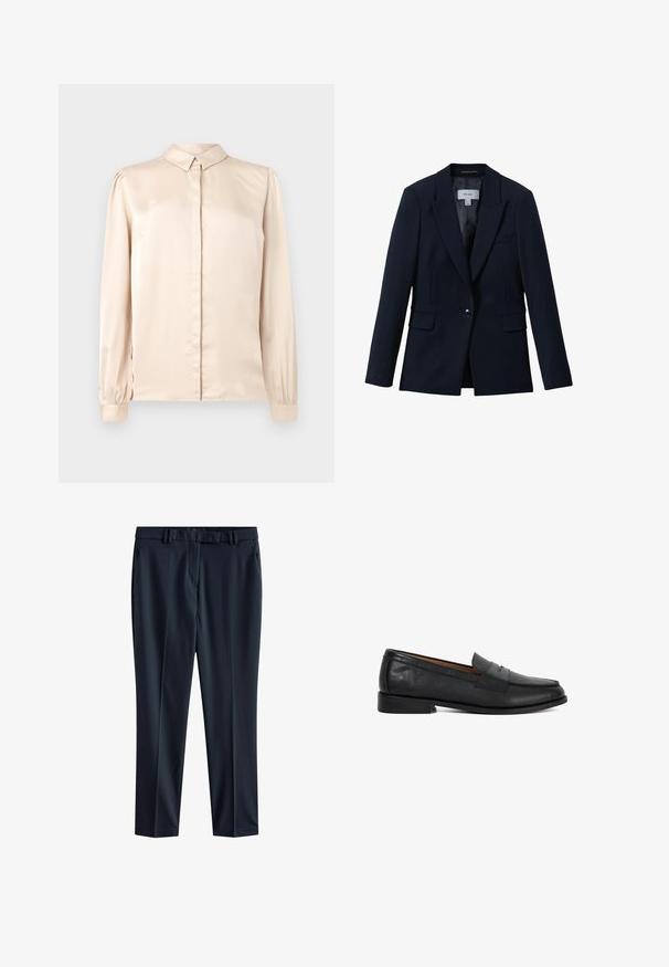 Reiss GABI TAILORED SINGLE BREASTED - Blazer - navy; Beige satijnen overhemd met lange mouwen, met een button-down kraag, een voorplat en gathering in de mouwen bij de manchetten. Glad, glanzend textuur.; Marineblauwe broek van gladde stof met een rechte snit, voorzien van een tailleband met riemlussen en zijzakken.; Zwarte leren pennyloafer met lage hak, ronde neus en banddetail op het gladde bovenwerk, getoond in zijaanzicht links.