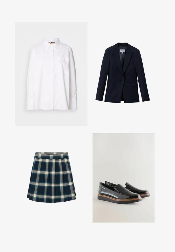 Reiss GABI TAILORED SINGLE BREASTED - Blazer - navy; Weißes Baumwollhemd mit Knopfverschluss. Verfügt über einen Kragen, lange Ärmel, eine Brusttasche und eine dezente Textur. Schlichtes Design ohne Muster.; Karierte Rock in Marineblau, Grün und Creme; gefältelt mit einem glatten Bund, aus einem Stoff, der weich und strukturiert wirkt.; Schwarze Lackleder Slipper mit runder Zehenform und kontrastierender brauner Gummisohle. Verfügt über elastische Seitenteile für ein einfaches An- und Ausziehen.