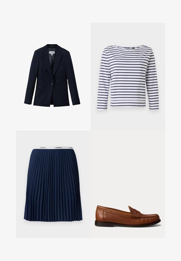 Reiss GABI TAILORED SINGLE BREASTED - Blazer - navy; Stribet langærmet top i hvid og marineblå, med en bådudskæring og en afslappet pasform. Lavet af blødt bomuldsstof med syede kanter.; Marineblå plisseret nederdel med en struktureret design, elastisk talje med "LACOSTE" mærkning og glat stof.; Brun læderloafer med lav sort hæl, mok-tå-syning og en dekorativ rem over toppen, vist mod en hvid baggrund.