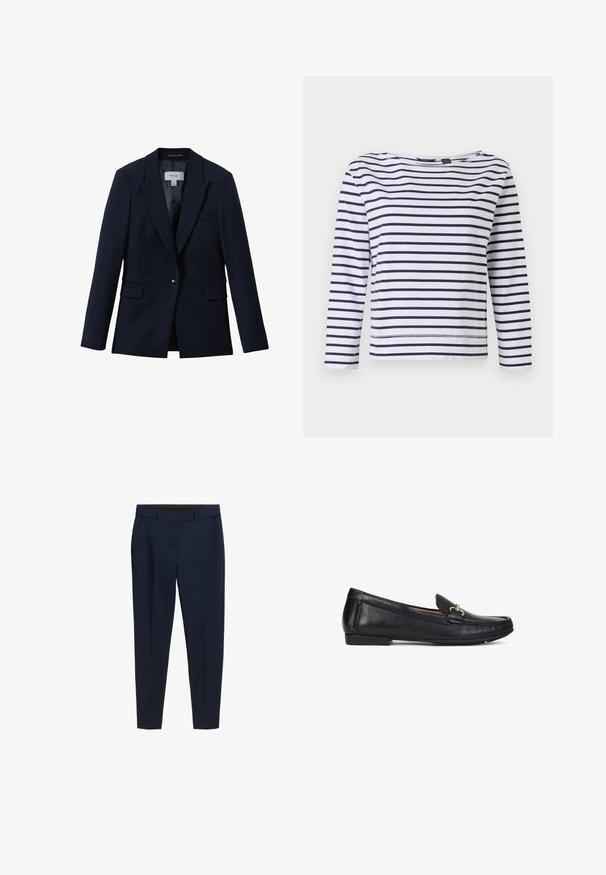 Reiss GABI TAILORED SINGLE BREASTED - Blazer - navy; Top de rayas de manga larga en blanco y azul marino, con escote barco y un corte relajado. Fabricado en suave material de algodón con dobladillos cosidos.; Pantalones de corte entallado en azul marino, con pasadores para cinturón, bolsillos laterales y un pliegue frontal.; Mocasín negro de cuero con detalle metálico dorado, tacón bajo y diseño de puntera mocasín cosida, mostrado de perfil sobre fondo blanco.