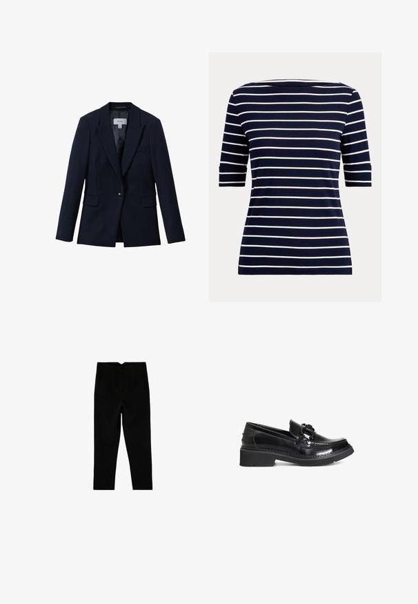 Reiss GABI TAILORED SINGLE BREASTED - Blazer - navy; Camisa azul marino con rayas horizontales blancas y mangas hasta el codo, mostrada sobre un fondo claro y sencillo.; Pantalones negros a medida hasta el tobillo con bolsillos laterales y pierna ligeramente entallada, mostrados extendidos sobre un fondo blanco.; Mocasines de charol negro con puntera redonda, un acento trenzado y una suela de goma negra gruesa. Textura suave y diseño elegante.