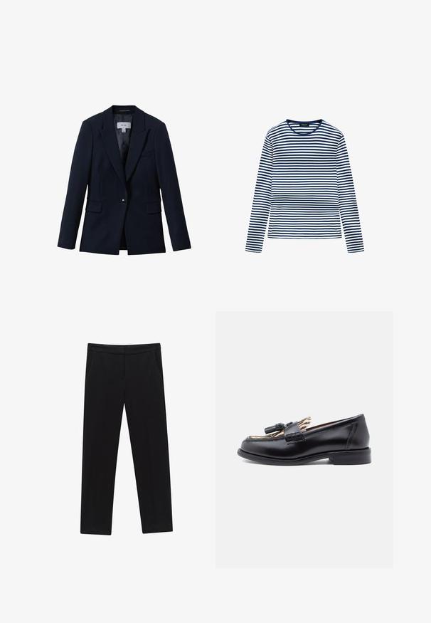 Reiss GABI TAILORED SINGLE BREASTED - Blazer - navy; Langærmet rundhalset skjorte med vandrette mørkeblå og hvide striber, lavet af let stof, lagt fladt på en hvid baggrund.; Sorte lige bukser med sidelommer og linning, der har en skjult frontlukning og en glat, skræddersyet finish.; Sorte læder loafers med en rund tå, der har en vævet kwastdetalje og en kontrasterende dyreprint-foring. Lav, lige hæl.