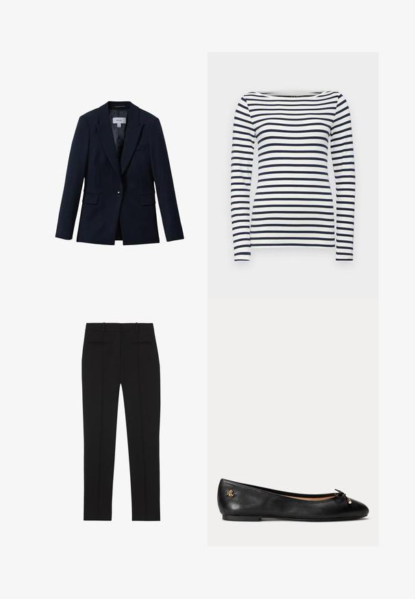 Reiss GABI TAILORED SINGLE BREASTED - Blazer - navy; Langærmet stribet top i navyblå og hvid, med rund halsudskæring og en tætsiddende pasform. Glat stof med vandrette striber.; Sorte skræddersyede bukser med lige ben, bæltestropper og to paspolerede lommer bagpå, designet til formelt brug.; Sort læder balletflad sko med lille sløjfe og gyldent logodetalje ved hælen, flad sål og rundet tå.