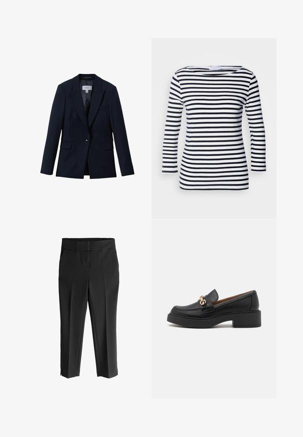 Reiss GABI TAILORED SINGLE BREASTED - Blazer - navy; Top de manga larga a rayas en azul marino y blanco con un escote amplio y tejido suave y elástico. Presenta rayas horizontales uniformes en toda su extensión.; Pantalones negros ajustados con una textura suave, que presentan una cinturilla ancha, dos bolsillos laterales y aberturas en el dobladillo para un acabado moderno.; Mocasín de cuero negro con una suela plataforma gruesa, que presenta un adorno de cadena en tono dorado y detalles de costura visibles. Textura suave y diseño elegante.