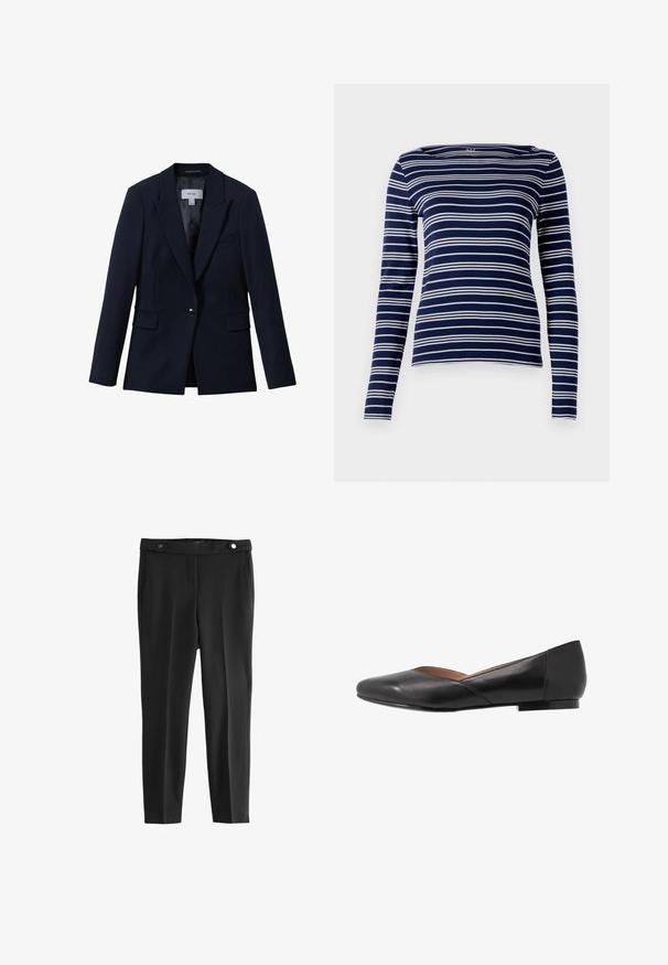 Reiss GABI TAILORED SINGLE BREASTED - Blejzer - navy; Dlhý rukáv, námornícky top s bielymi horizontálnymi pruhmi, lodičkový výstrih a jemný, elastický materiál. Jednoduchý, priliehavý dizajn s minimálnymi detailmi.; Čierne priliehavé nohavice s hladkou textúrou, ktoré majú dve predné vrecká a pás s dvoma okrúhlymi čiernymi gombíkmi.; Čierna kožená plochá obuv s špicatou špičkou, nízkym opätkom a mierne otvoreným horným dizajnom. Hladká textúra s minimálnymi švovými detailmi.