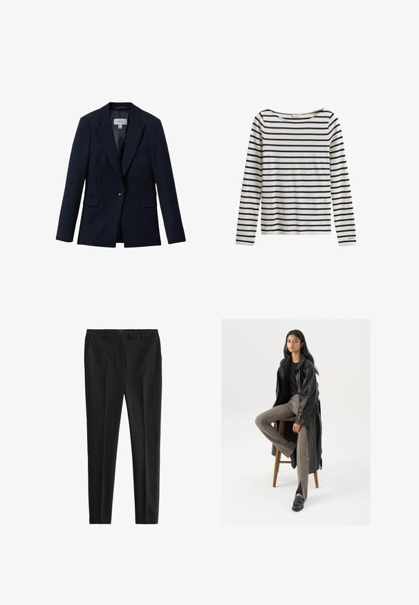 Reiss GABI TAILORED SINGLE BREASTED - Blazer - navy; Hvid skjorte med lange ærmer, navyblå vandrette striber og et lille "GANT"-logo på venstre ærmekant.; Sorte bukser i et glat, letvægtsstof. Har en skræddersyet pasform, forkantede folder og standard bæltestropper med sidelommer og baglommer.; Sort læder trench coat med knapper og bælte detalje, parret med lysebrune tætsiddende bukser og sorte loafers, siddende på en træstol.