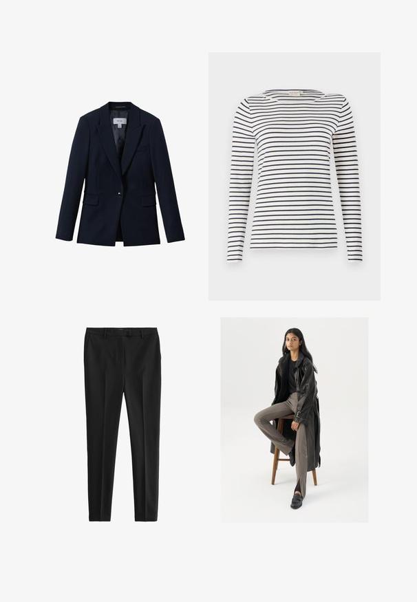 Reiss GABI TAILORED SINGLE BREASTED - Blejzer - navy; Mikina s dlhým rukávom prúžkovaná z jemného materiálu, s námorníckymi a bielymi horizontálnymi pruhmi, okrúhlym výstrihom a priliehavým strihom.; Čierne nohavice z hladkej, ľahkej tkaniny. Majú prispôsobený strih, predné záhyby a štandardné pútka na opasok s bočnými a zadnými vreckami.; Čierny kožený trenčkot s gombíkmi a detailom pásu, v kombinácii so svetlohnedými priliehavými nohavicami a čiernymi mokasínami, posadený na drevenej stoličke.