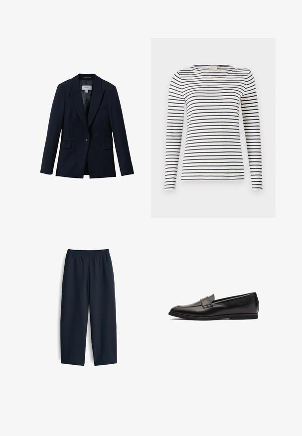 Reiss GABI TAILORED SINGLE BREASTED - Blazer - navy; Langärmliges gestreiftes Hemd aus weichem Stoff, mit navy- und weißen horizontalen Streifen, runder Halslinie und schlanker Passform.; Marineblaue Hose aus glattem Stoff, mit elastischem Bund, zwei Seitentaschen und einem entspannten Schnitt mit geraden Beinen.; Schwarze Lederloafer mit glatter Oberfläche, runder Spitze und zweifacher Nahtakzentuierung im Obermaterial. Flache Gummisohle für Komfort.