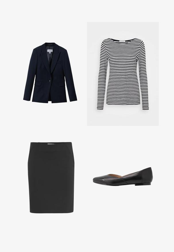 Reiss GABI TAILORED SINGLE BREASTED - Blazer - navy; Langærmet T-shirt med rund hals, prydet med et sort-hvidt stribet mønster. Fremstillet af blødt stof med regular fit. Renset, minimalistisk design.; Sort knælængde pencilskørt med lige pasform og lynlås i siden.; Sorte læder fladesko med spids tå, lav hæl og et let åbent overdesign. Glat tekstur med minimale syninger.