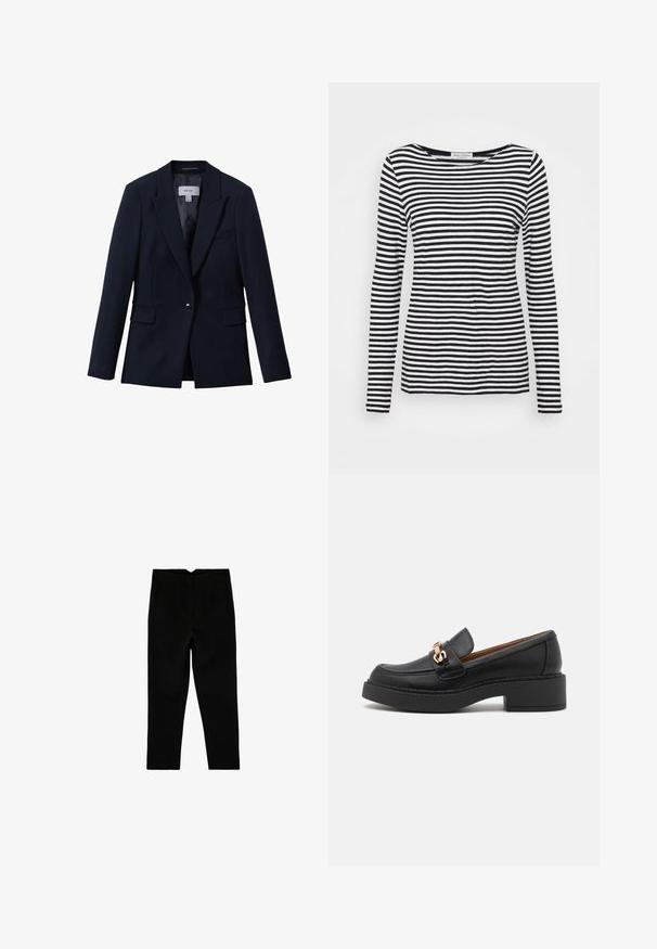 Reiss GABI TAILORED SINGLE BREASTED - Blazer - navy; Camisa de manga larga y cuello redondo con un patrón de rayas en blanco y negro. Fabricada con una tela suave y de corte regular. Diseño limpio y minimalista.; Pantalones negros a medida hasta el tobillo con bolsillos laterales y pierna ligeramente entallada, mostrados extendidos sobre un fondo blanco.; Mocasín de cuero negro con una suela plataforma gruesa, que presenta un adorno de cadena en tono dorado y detalles de costura visibles. Textura suave y diseño elegante.