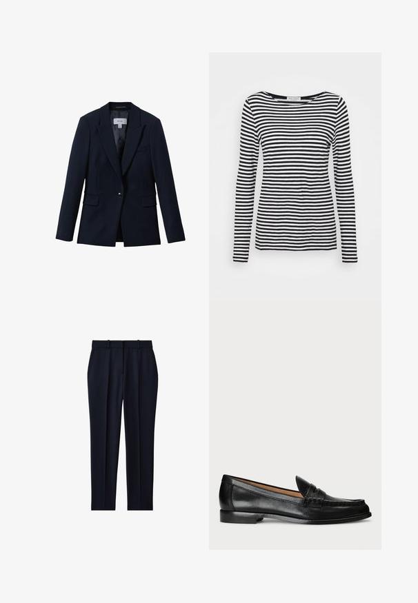Reiss GABI TAILORED SINGLE BREASTED - Bleiseri - navy; Pitkähiha, pyöreäkaulainen paita, jossa on mustavalkoinen raidallinen kuvio. Valmistettu pehmeästä kankaasta ja säännöllisestä mitoista. Puhtaan yksinkertainen muotoilu.; Laivastonsiniset räätälöidyt housut vyölenkeillä, sivutaskuilla, etutaitteella ja suorahkolla lahkeella.; Lauren Ralph Lauren WYNNIE - Loaferit/pistokkaat - black