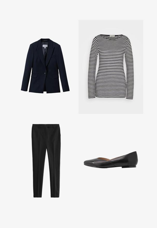 Reiss GABI TAILORED SINGLE BREASTED - Blejzer - navy; Dlhý rukávový top z bavlny, s vodorovnými námorníckymi modrými a bielymi pruhmi, okrúhlym výstrihom, úzkym strihom, s hladkou textúrou a minimalistickým dizajnom.; Čierne nohavice z hladkej, ľahkej tkaniny. Majú prispôsobený strih, predné záhyby a štandardné pútka na opasok s bočnými a zadnými vreckami.; Čierna kožená plochá obuv s špicatou špičkou, nízkym opätkom a mierne otvoreným horným dizajnom. Hladká textúra s minimálnymi švovými detailmi.
