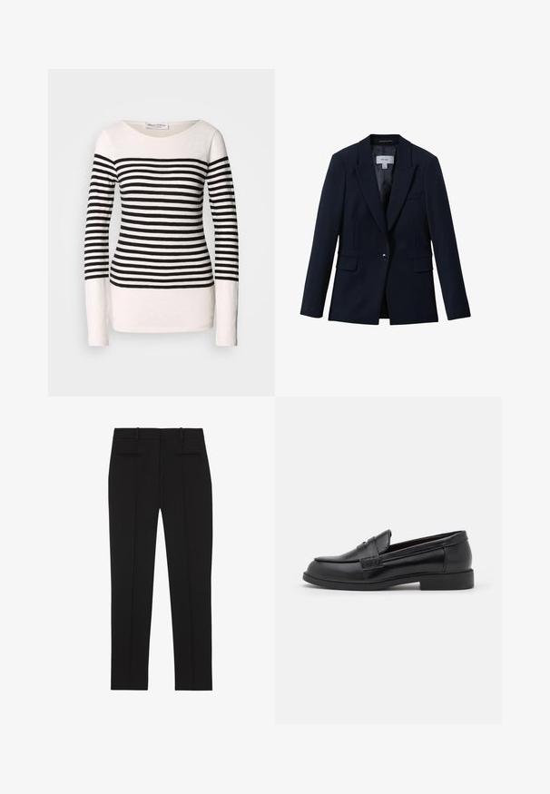 Reiss GABI TAILORED SINGLE BREASTED - Blejzer - navy; Dlhý rukáv pruhované tričko s čierno-bielymi horizontálnymi pruhmi, loďkovým výstrihom a priliehavým strihom. Materiál z bavlneného zmesi.; Čierne na mieru ušité nohavice s rovnými nohavicami, s pútkami na opasok a dvoma rúrkovými vreckami na zadnej strane, navrhnuté na formálne nosenie.; Čierne kožené mokasíny s hladkou textúrou, zaoblenou špičkou, šitými detailmi na vrchnej časti a nízkou plochou gumovou podrážkou.