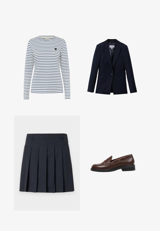 Reiss GABI TAILORED SINGLE BREASTED - Blazer - navy; Camisa de manga larga a rayas en blanco y azul marino, con un cuello redondo y un pequeño acento de corazón negro en el lado izquierdo del pecho. Textura de tejido suave.; Falda plisada azul oscuro con una pretina plana, hecha de tela lisa. Presenta múltiples pliegues verticales y un diseño ajustado.; Mocasín de cuero marrón con punta redondeada, costuras decorativas y ojales delgados en los laterales. Presenta un tacón bajo y cuadrado, además de una plantilla texturizada.