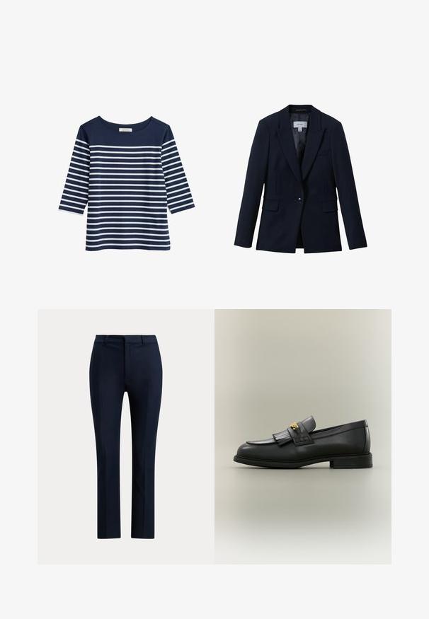Reiss GABI TAILORED SINGLE BREASTED - Bleiser - navy; Tumed sinine puuvillane top, millel on 3/4-sleedid ja horisontaalsed valged triibud. Ümmargune kaelus ja mugav lõige. Sile tekstuur.; Tumedat sinist värvi sirged viimistletud püksid vööaasade ja ees oleva tõmblukuga valgel taustal.; Mustast nahast loafer franjade ja kuldse embleemiga neutraalsel taustal, küljepealt vaadatuna.