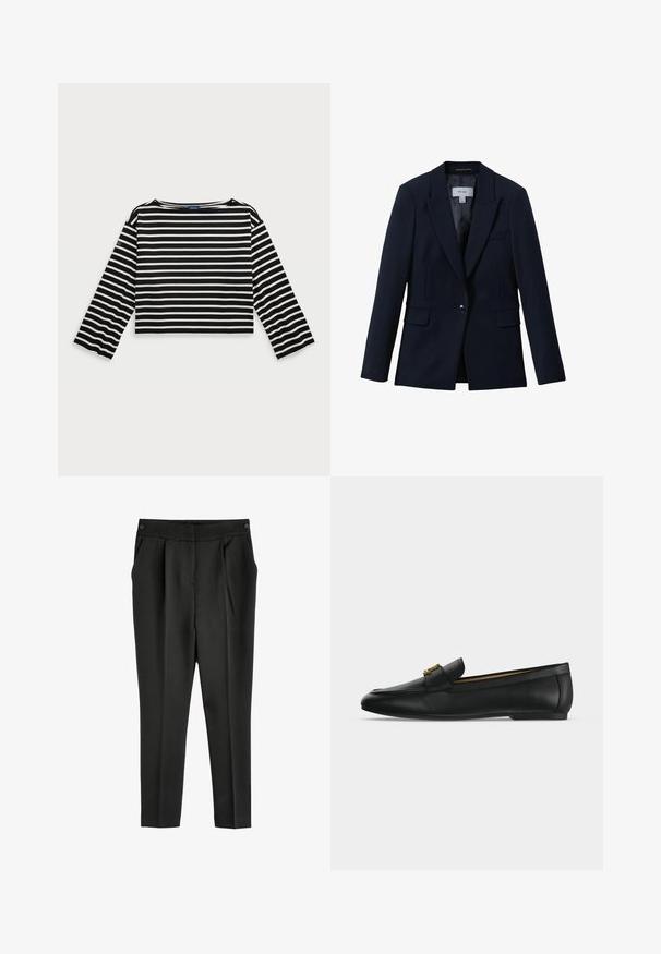 Reiss GABI TAILORED SINGLE BREASTED - Blejzer - navy; Čierno-biely pruhovaný dlhý rukáv crop top s okrúhlym výstrihom. Vlastnosti: mäkká látka a logová nášivka na ľavom rukáve.; Čierne elegantné nohavice s pásom, prednými záhybmi a bočnými vreckami. Vyrobené z hladkej látky s rovnými nohavicami a bez viditeľných vzorov.; Čierne kožené mokasíny s detailom zlatej kovovej pracky na vrchu, plochou podrážkou a šitým dizajnom pozdĺž vrchného okraja.