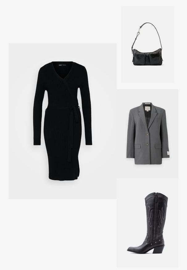 Grijze blazer met een gestructureerd ontwerp, een enkelrijige sluiting, twee voorzakken en een subtiele glans. Voorzien van bruine knopen en een label aan de binnenkant.; Zwart geribd jurkje met een V-hals, lange mouwen, een wikkelontwerp en een strik taille. Het heeft een zijsplit voor extra detail.; Zwarte leren cowboylaarzen met een puntige neus, zichtbare stiksels, zilveren studaccenten en een ritssluiting aan de binnenkant.; Zwarte leren schoudertas met verstelbare band en twee grote voorvakjes met rits op een effen lichte achtergrond.