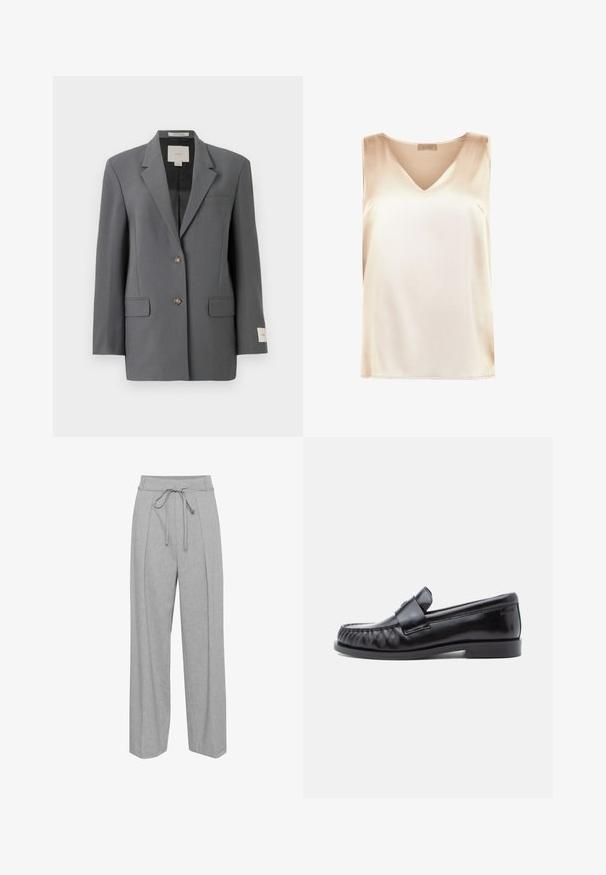 Grauer Blazer mit strukturiertem Design, einreihiger Knopfleiste, zwei Vordertaschen und einem dezenten Glanz. Verfügt über braune Knöpfe und ein Etikett innen.; Beige ärmelloses Top aus glattem Stoff mit V-Ausschnitt und geradem Saum. Minimalistischer Stil ohne zusätzliche Muster oder Akzente.; Graue Leinen-Hose mit weitem Bein und hohem Bund, ausgestattet mit einem Kordelzug, Falten an der Vorderseite und einer weichen, strukturierten Oberfläche.; Schwarze Leder-Loafer mit abgerundetem Zehenbereich, markanter Naht und einem dekorativen Riemen über dem Vorderblatt. Glatte Oberfläche und niedriger Absatz.