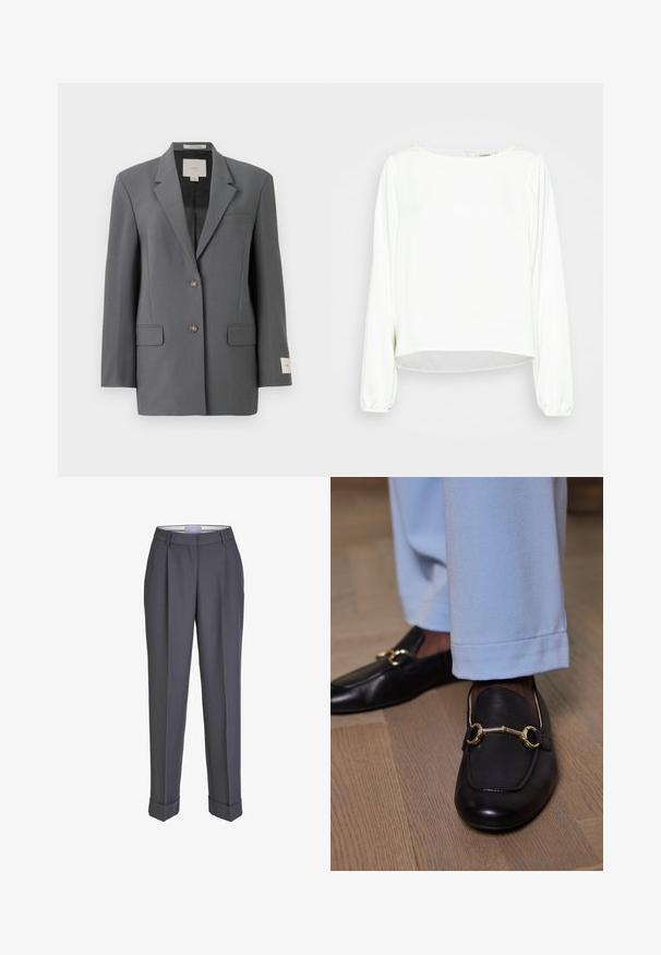 Blazer gris au design structuré, fermeture simple boutonnage, deux poches avant et un léger éclat. Doté de boutons marron et d'une étiquette intérieure.; Another-Label MAJA SHINY - Blouse - off-white; Pantalons sur mesure gris foncé avec une coupe droite, un devant plissé et des revers. Fabriqués en tissu lisse, avec une taille classique.; Mocassins en cuir noir avec un détail en métal doré portés avec un pantalon bleu clair sur un sol en bois.