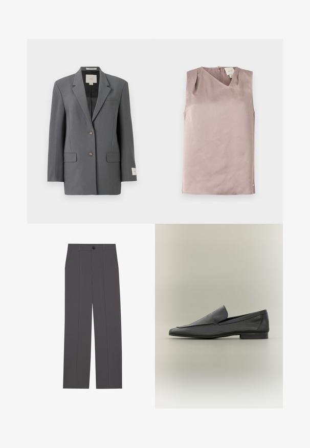 Blazer gris au design structuré, fermeture simple boutonnage, deux poches avant et un léger éclat. Doté de boutons marron et d'une étiquette intérieure.; Blouse sans manches rose mauve clair avec encolure en V, fermeture au dos par boutons et tissu subtilement texturé, pliée à plat sur un fond blanc.; Pantalons gris avec une coupe droite, comprenant deux poches latérales et une fermeture à bouton. Tissu lisse sans motifs ni accents visibles.; Mocassins en cuir noir avec une finition lisse, un bout pointu et un design minimaliste. Talon bas empilé et accents de couture subtils.