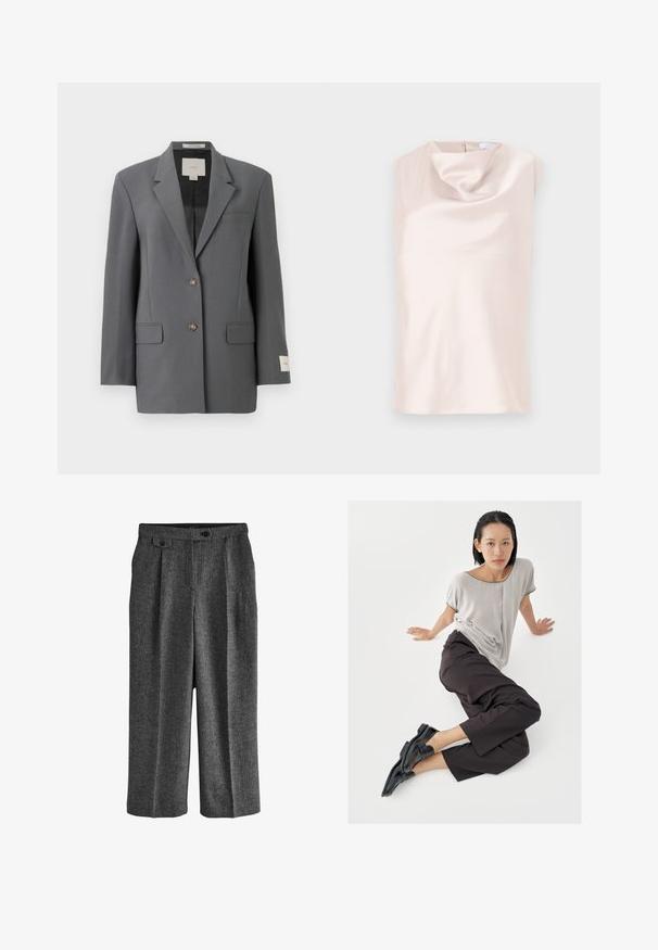 Grå blazer med struktureret design, enkeltknappet lukning, to forlommer og en diskret glans. Har brune knapper og en label indeni.; Ærmeløs top i silkelignende stof i blød beige med en draperet cowl-halsudskæring. Har en diskret lynlås bagpå og en glat, blank tekstur.; Next REGULAR FIT N PREMIUM WIDE LEG PLEATED - Habitbukser - grey; Lysegrå top med korte ærmer, mørke bukser med vide ben og sorte loafers. Glat stof, afslappet pasform og kontrastfarvet kant på skjorten.