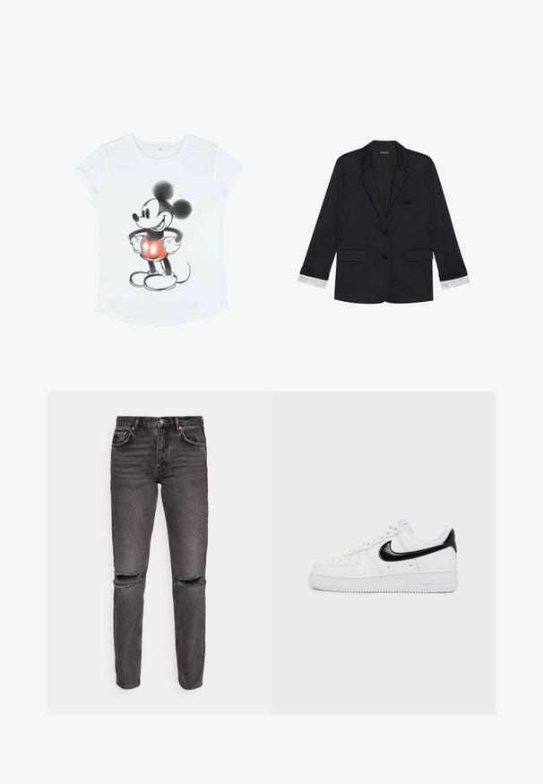 Schwarzer Blazer mit klassischem Design, strukturierten Schultern, zwei vorderen Taschen und gestreiften Stoffmanschetten. Weiche Textur mit glattem Finish.; Weißes T-Shirt mit kurzen Ärmeln, das ein Grafikdesign von Mickey Mouse zeigt, illustriert in Schwarz und Rot, mit übergroßen Ohren und runden Schuhen.; Gina Tricot LOW - Jeans Straight Leg - black denim; Weißer Low-Top-Sneaker mit schwarzem Nike-Swoosh und Fersendetail, Schnürdesign und perforierter Zehenpartie auf hellem, einfarbigem Hintergrund.