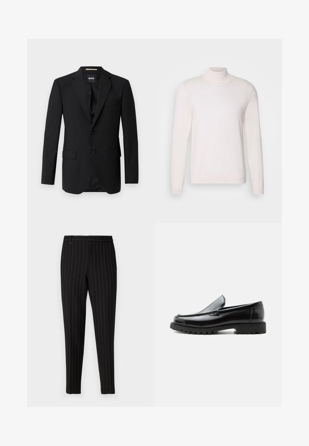 Blazer negro con solapas de muesca, diseño de un solo botón, dos botones y dos bolsillos frontales. Tejido suave y corte entallado.; Suéter de cuello alto en rosa claro, con mangas largas, textura suave, cuello y puños acanalados, que presenta un diseño clásico y ajustado.; Pantalones negros con finas rayas verticales, ajuste entallado, bolsillos frontales y trabillas para cinturón. Hechos de una tela suave y texturizada.; Mocasín de cuero negro con suela de goma gruesa, empeine cosido y nombre de la marca en relieve en el talón, mostrado en perfil lateral sobre fondo blanco.