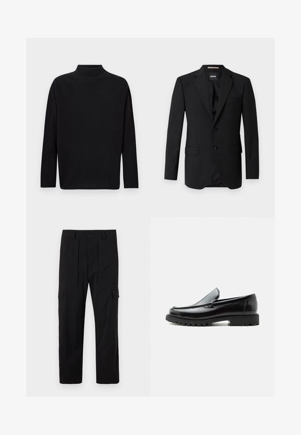 Sort blazer med spidse klapper, enknapsdesign, to knapper og to frontlommer. Glat stof og skræddersyet pasform.; Sort turtleneck sweater, lavet af blødt strikket materiale, med lange ærmer, afslappet pasform og høj halsudskæring. Ingen synlige mønstre eller hardware.; Sorte cargo bukser lavet af letvægtsstof, med lige ben design, frontfald, sidelommer og knaplukning.; Sort læderloafer med chunky gummisål, syet overdel og præget mærkenavn på hælen, vist i sideprofil på hvid baggrund.