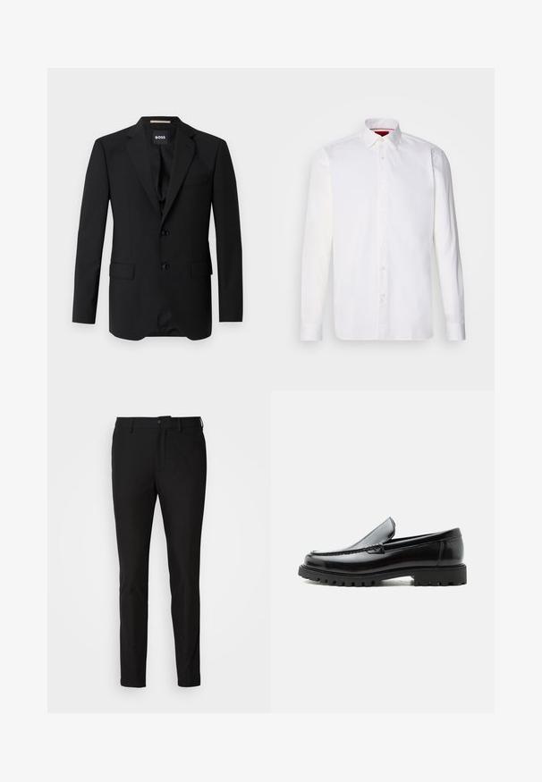 Blazer negro con solapas de muesca, diseño de un solo botón, dos botones y dos bolsillos frontales. Tejido suave y corte entallado.; Camisa blanca de manga larga hecha de algodón, con un collar clásico, placket frontal con botones y una textura suave. Detalle interior del collar en rojo.; Pantalones negros de corte ajustado, con cierre de botón, cremallera y dos bolsillos frontales. Tejido suave con un acabado mate.; Mocasín de cuero negro con suela de goma gruesa, empeine cosido y nombre de la marca en relieve en el talón, mostrado en perfil lateral sobre fondo blanco.