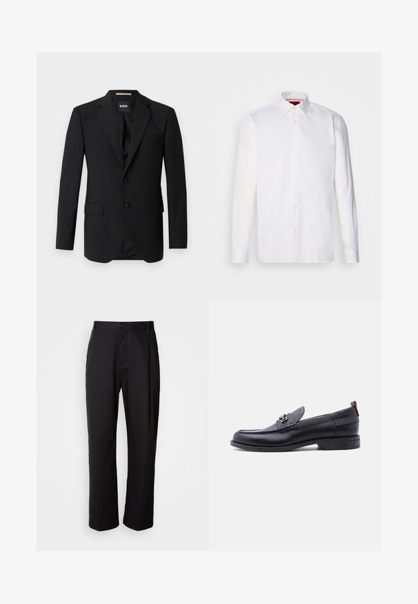 Schwarzes Blazer mit Reverskragen, einreihigem Design, zwei Knöpfen und zwei frontalen Taschen. Glattes Gewebe und taillierte Passform.; Weißes langärmliges Hemd aus Baumwolle mit klassischem Kragen, Knopfleiste vorne und glatter Textur. Rote Details im inneren Kragen.; Schwarze Hosen mit geradem Schnitt, aus leichtem Stoff gefertigt. Verfügt über einen vorderen Knopfverschluss und zwei seitliche Taschen; glatte Textur.; Schwarzer Lederloafer mit grauem, strukturiertem Vorderblatt, silberner Metallschnalle, niedrigem Absatz und Zuglasche hinten.