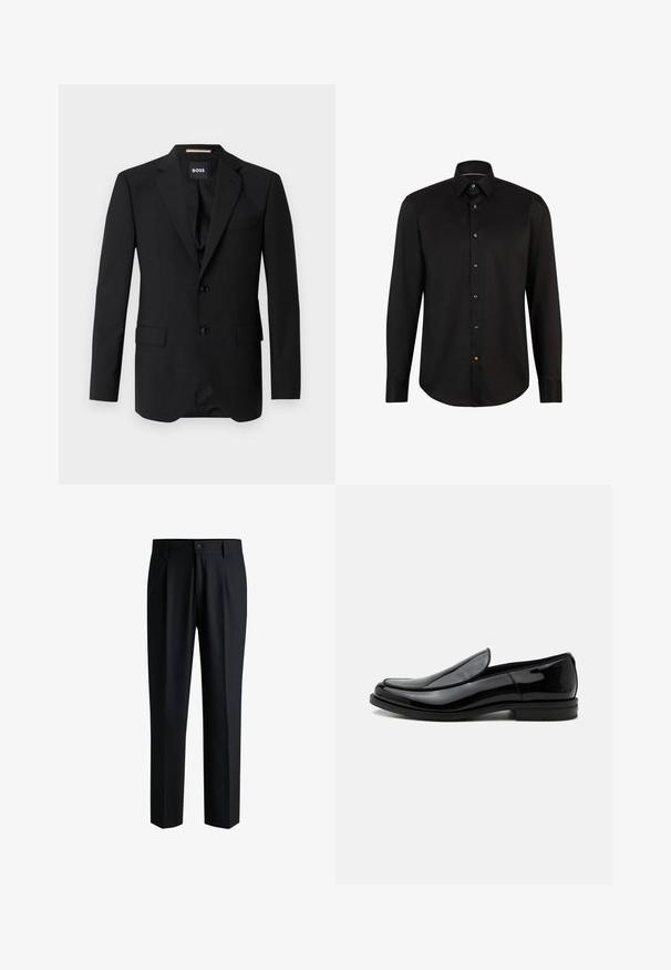 Blazer noir avec revers crantés, design à un bouton, deux boutons et deux poches avant. Tissu lisse et coupe ajustée.; Chemise noire à manches longues en tissu lisse, dotée d'une fermeture à boutons à l'avant avec des boutons contrastés et d'un col classique.; Pantalons noirs en tissu lisse, avec une coupe droite, des plis à l'avant et une fermeture à bouton avec passants de ceinture.; Chaussure de ville noire en cuir brillant à enfiler, avec talon bas et bout arrondi, vue de côté sur fond blanc uni.