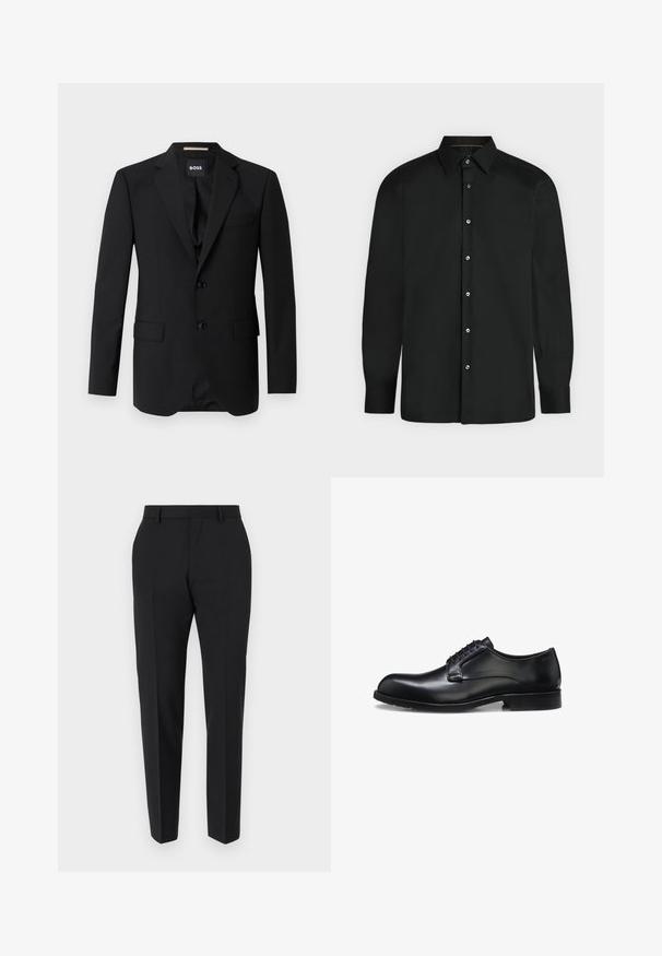 Blazer noir avec revers crantés, design à un bouton, deux boutons et deux poches avant. Tissu lisse et coupe ajustée.; Chemise noire à manches longues avec boutons, col pointu et poignets boutonnés, présentée sur un fond clair uni.; Pantalons noirs au design ajusté, avec un devant plat, des détails de plis et une coupe élégante. Fabriqués en tissu lisse pour un look raffiné.; Chaussure habillée pour homme en cuir noir poli avec laçage fermé, talon bas et détail de marque discret près du talon sur un fond blanc.