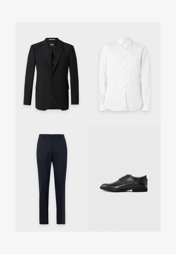 Blazer negro con solapas de muesca, diseño de un solo botón, dos botones y dos bolsillos frontales. Tejido suave y corte entallado.; Camisa blanca de manga larga con botones, hecha de algodón. Presenta un cuello puntiagudo y un pequeño logo bordado en el pecho. Textura suave.; Pantalones de vestir para hombre en azul marino, ajustados, con un sutil patrón de cuadros, pasadores para cinturón y pliegue frontal, exhibidos de frente sobre fondo blanco.; Zapato de vestir para hombre de cuero negro con cordones en la parte delantera y tira roja en el talón sobre un fondo liso.