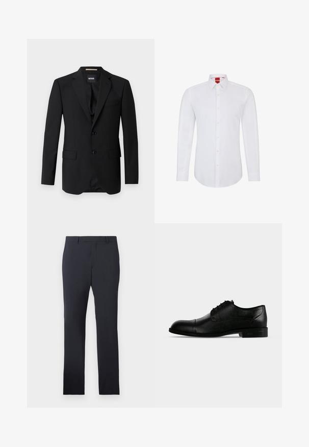 Sort blazer med spidse klapper, enknapsdesign, to knapper og to frontlommer. Glat stof og skræddersyet pasform.; Hvid langærmet skjorte med krave, der har en knappet front og blødt, glat stof. Ingen mønstre eller detaljer synlige.; Marine formelle bukser lavet af glat stof. Har en flad front, bæltesløjfer og sidelommer, med en skræddersyet lige pasform.; Sort læder herres formelle oxford sko med lukket snørelukning, kap tå og lav stablet hæl vist fra ydersiden.