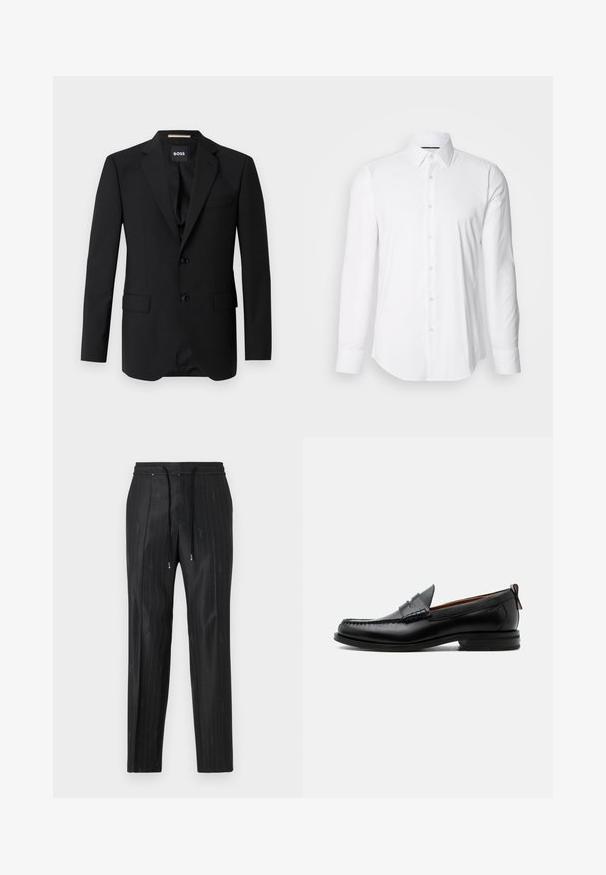 Sort blazer med spidse klapper, enknapsdesign, to knapper og to frontlommer. Glat stof og skræddersyet pasform.; Hvid langærmet skjorte lavet af glat stof, med klassisk krave og knap-front design samt en buet kant. Knapperne er diskret blanke.; Sorte pinstripede bukser lavet af glat stof med en komfortabel elastisk talje og snøre detaljer. Har diskret logo detaljering.; Sort læder herre loafer med moc-tå syning, penny strop, struktureret krave og lav stablet hæl på hvid baggrund.