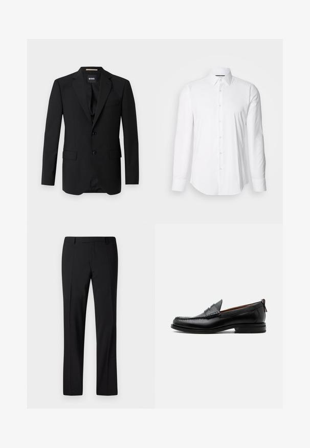 Sort blazer med spidse klapper, enknapsdesign, to knapper og to frontlommer. Glat stof og skræddersyet pasform.; Hvid langærmet skjorte lavet af glat stof, med klassisk krave og knap-front design samt en buet kant. Knapperne er diskret blanke.; Sorte skræddersyede bukser med lige ben, der har en glat overflade, plissee foran og en klassisk talje for et formelt udseende.; Sort læder herre loafer med moc-tå syning, penny strop, struktureret krave og lav stablet hæl på hvid baggrund.