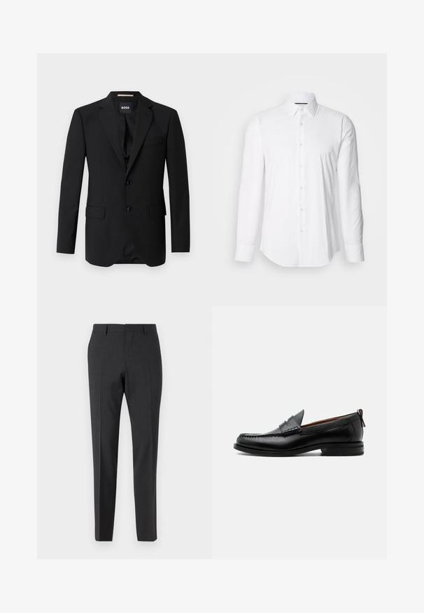 Blazer noir avec revers crantés, design à un bouton, deux boutons et deux poches avant. Tissu lisse et coupe ajustée.; Chemise blanche à manches longues en tissu lisse, avec un col classique et une fermeture à boutons à l'avant, doté d'un ourlet arrondi. Les boutons ont une finition légèrement brillante.; Pantalons tailleur gris foncé avec une texture lisse, coupe slim, devant plat et passants de ceinture, conçus pour une tenue formelle ou professionnelle.; Mocassin homme en cuir noir avec couture moc toe, bride penny, col texturé et petit talon empilé sur fond blanc.