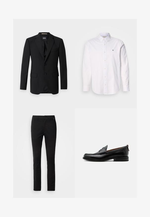 Blazer negro con solapas de muesca, diseño de un solo botón, dos botones y dos bolsillos frontales. Tejido suave y corte entallado.; Camisa blanca de algodón, con cuello clásico, mangas largas y un pequeño logo de CK en el lado izquierdo del pecho. Textura suave.; Pantalones negros de corte recto, hechos de tela suave. Cuentan con una cinturilla estándar con cremallera delantera y una pequeña etiqueta de la marca en un lado.; Mocasín de hombre de piel negra con costura moc toe, tira penny, cuello texturizado y tacón bajo apilado sobre fondo blanco.