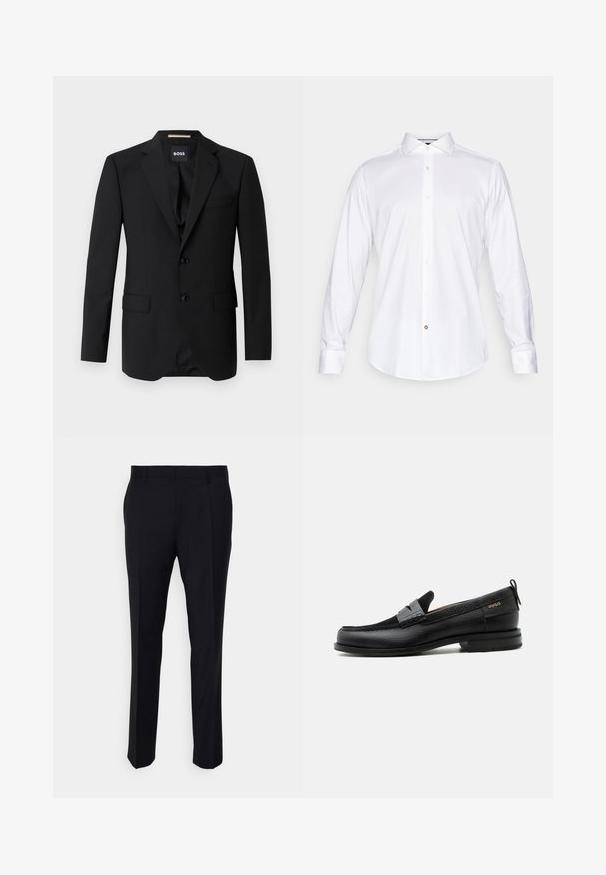 Blazer noir avec revers crantés, design à un bouton, deux boutons et deux poches avant. Tissu lisse et coupe ajustée.; Chemise blanche à manches longues en tissu lisse, avec un col classique, une fermeture à boutons sur le devant, et un ourlet arrondi avec un petit détail de bouton accentué.; Pantalon noir en tissu tissé, à coupe ajustée, avec un devant plat, des poches latérales et une coupe droite.; Mocassin en cuir noir avec détail de bride grise, talon bas et semelle texturée, marqué "HUGO" en or sur le côté.