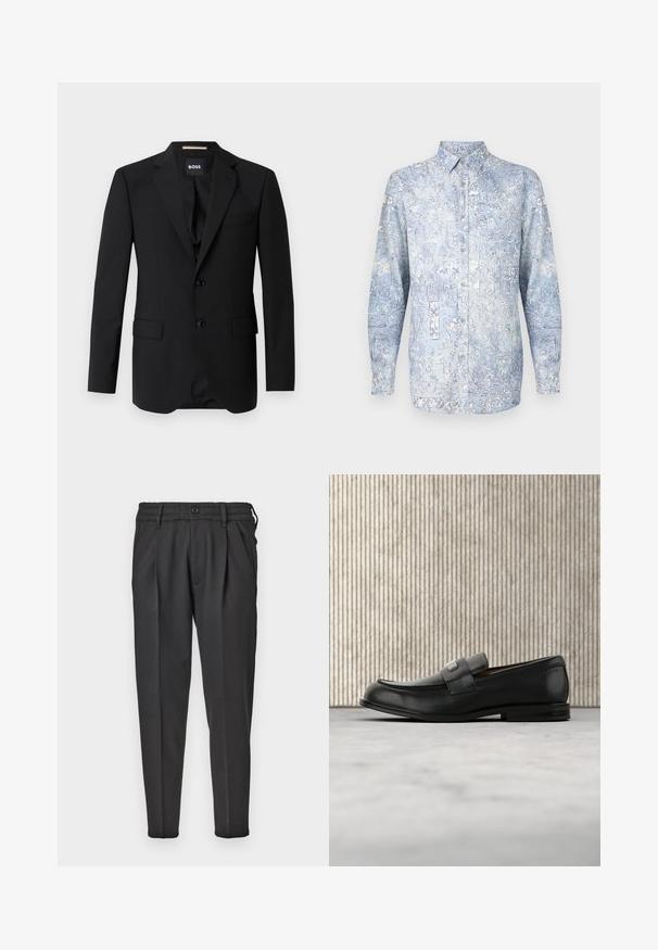 Blazer negro con solapas de muesca, diseño de un solo botón, dos botones y dos bolsillos frontales. Tejido suave y corte entallado.; Camisa azul claro con botones, con patrones florales, mangas largas y cuello clásico. Hecha de tela suave con una textura lisa.; Pantalones negros de tela suave, con un frente plisado, cinturilla elástica y piernas rectas con un fondo cónico.; Mocasín de cuero negro con una placa metálica de marca apoyado cerca de una mesa redonda marrón sobre un suelo alfombrado beige.
