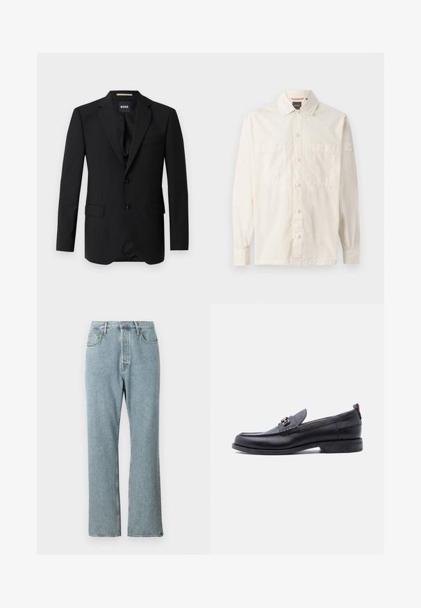 Blazer noir avec revers crantés, design à un bouton, deux boutons et deux poches avant. Tissu lisse et coupe ajustée.; Chemise beige à manches longues en tissu léger, avec un devant boutonné, deux poches poitrine et une étiquette de marque sur la manche.; Jeans en denim bleu clair à taille haute, avec des jambes droites larges et des coutures simples. Comprend cinq poches et une fermeture à bouton classique.; Mocassin en cuir noir avec empeigne texturée grise, détail boucle en métal argenté, petit talon et languette à l'arrière.