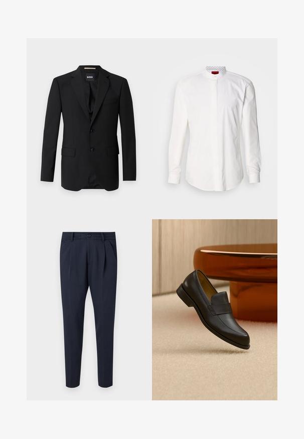 Blazer negro con solapas de muesca, diseño de un solo botón, dos botones y dos bolsillos frontales. Tejido suave y corte entallado.; Camisa blanca de manga larga con cuello alto, confeccionada en algodón. Presenta una tapeta frontal, diseño minimalista y una sutil marca en el interior del cuello.; Pantalones de marina hechos de tejido suave, con pliegues, cierre de cremallera y botón, bolsillos laterales y un diseño de pierna ajustada.; Zapato mocasín de cuero negro con tacón bajo flotando sobre suelo alfombrado beige cerca de una mesa redonda marrón.