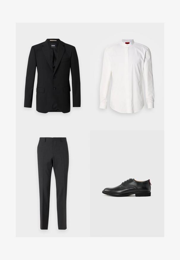 Blazer noir avec revers crantés, design à un bouton, deux boutons et deux poches avant. Tissu lisse et coupe ajustée.; Chemise blanche à manches longues avec un col montant, en coton. Comprend une patte de boutonnage à l'avant, un design minimaliste et un marquage subtil sur le col intérieur.; Pantalons tailleur gris foncé avec une texture lisse, coupe slim, devant plat et passants de ceinture, conçus pour une tenue formelle ou professionnelle.; Chaussure habillée pour homme en cuir noir, à lacets sur l'avant, avec une languette rouge au talon, sur fond uni.