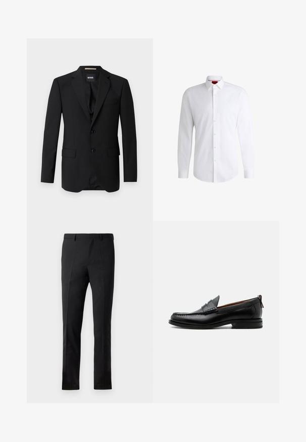 Blazer negro con solapas de muesca, diseño de un solo botón, dos botones y dos bolsillos frontales. Tejido suave y corte entallado.; Camisa blanca de botones, confeccionada en tela suave, con collar clásico, mangas largas y dobladillo curvado. Presenta botones beige en la parte delantera.; Pantalones negros con un corte ajustado, que presentan un frente plano, dos pliegues, pasadores para cinturón y una textura suave. Sin patrones ni accesorios visibles.; Mocasín de hombre de piel negra con costura moc toe, tira penny, cuello texturizado y tacón bajo apilado sobre fondo blanco.